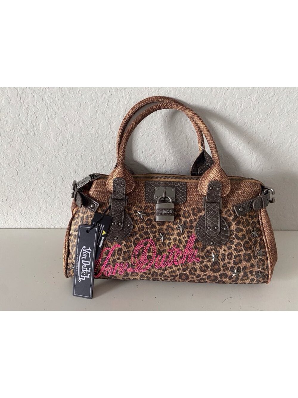 Von Dutch Leopard Print Bree Satchel Bag Animal Print Chic Orange W/Lock Charm